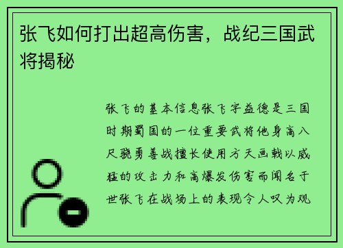张飞如何打出超高伤害，战纪三国武将揭秘