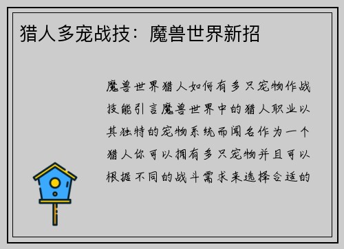 猎人多宠战技：魔兽世界新招
