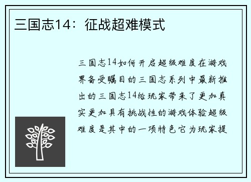 三国志14：征战超难模式