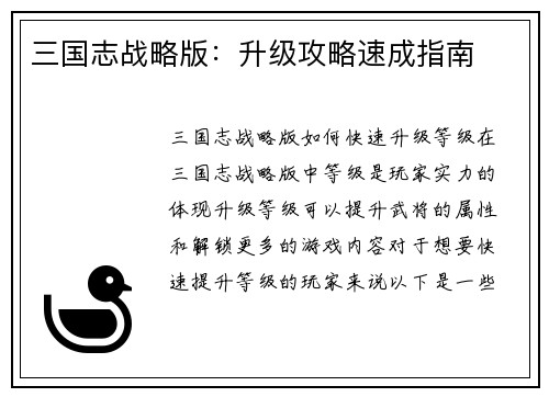 三国志战略版：升级攻略速成指南