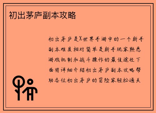 初出茅庐副本攻略