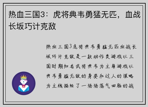 热血三国3：虎将典韦勇猛无匹，血战长坂巧计克敌