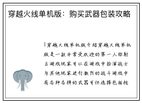 穿越火线单机版：购买武器包装攻略